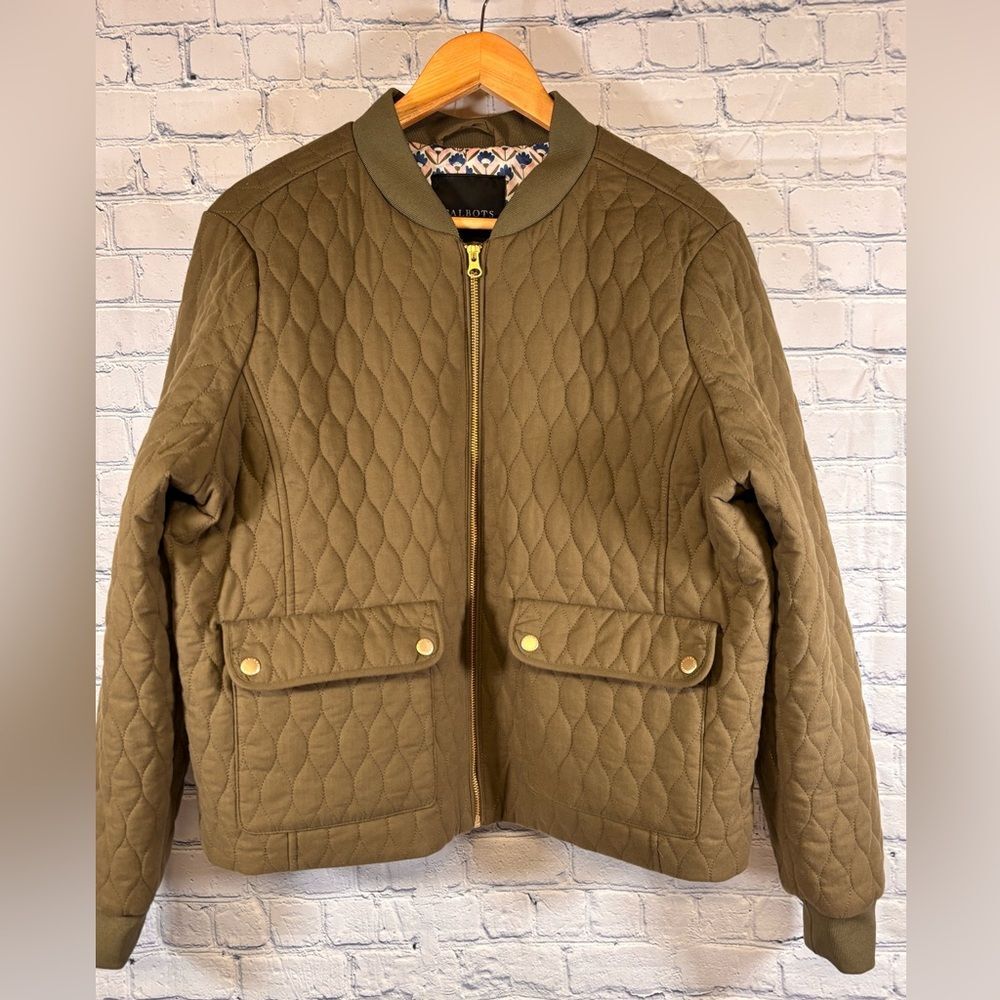 Talbots Loden Green Preppy Casual Classic Boho Quilted Bomber Jacket XL